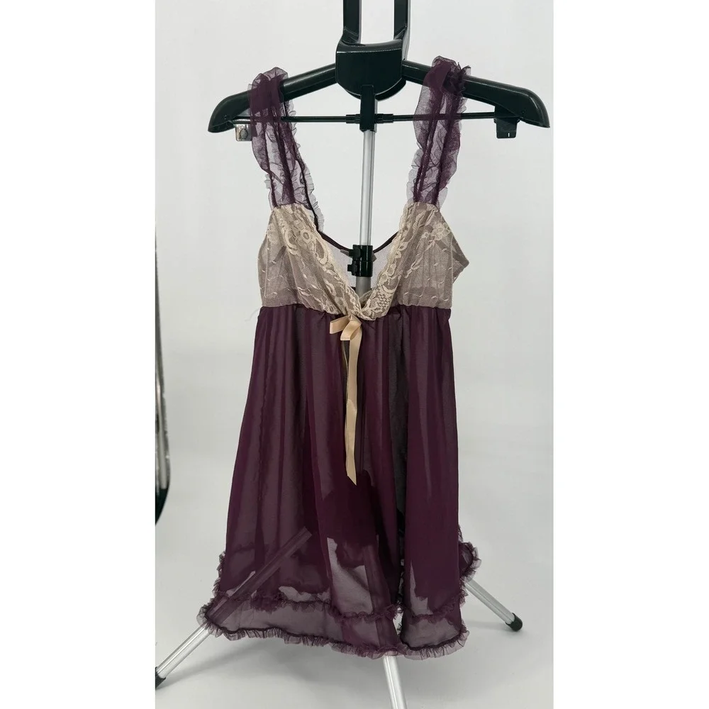 Ambrielle Plum Purple Sheer Lace Babydoll Coquette Romantic‎ Ruffles Nightgown S